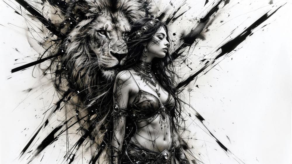 Monochrome Lion Spirit Guardian and Enchanted Warrior Muse wallpaper