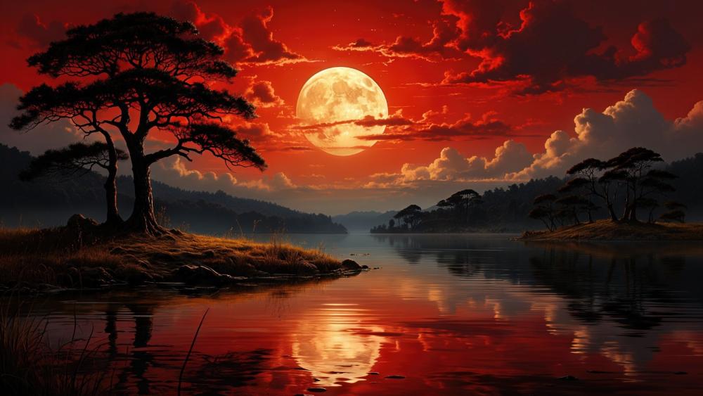 Crimson Supermoon Over Silent Lake of Shadows and Fire wallpaper