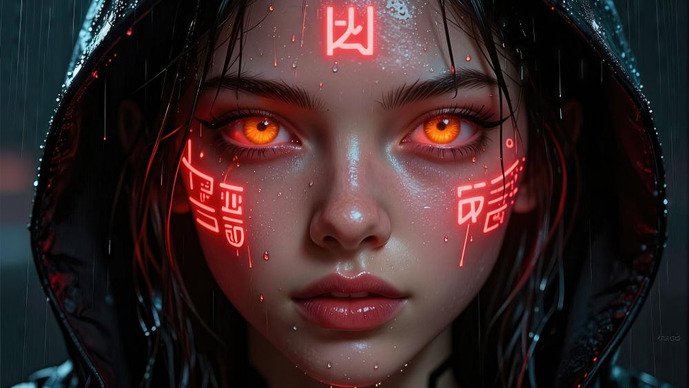 Ember Gaze Spellcaster in Night Rain Neon Arcane Portrait wallpaper