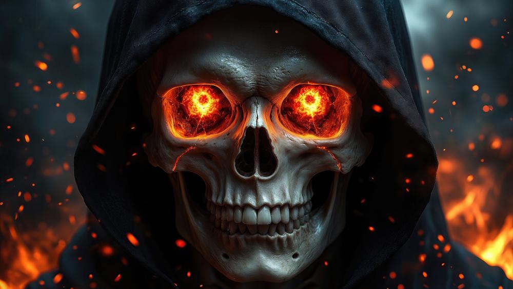 Hooded Inferno Skull with Glowing Demon Eyes in 4K wallpaper