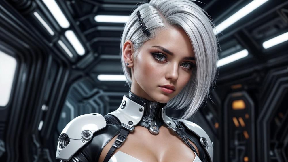 Silver Haired Cyberpunk Guardian in Neon Starship Corridor wallpaper