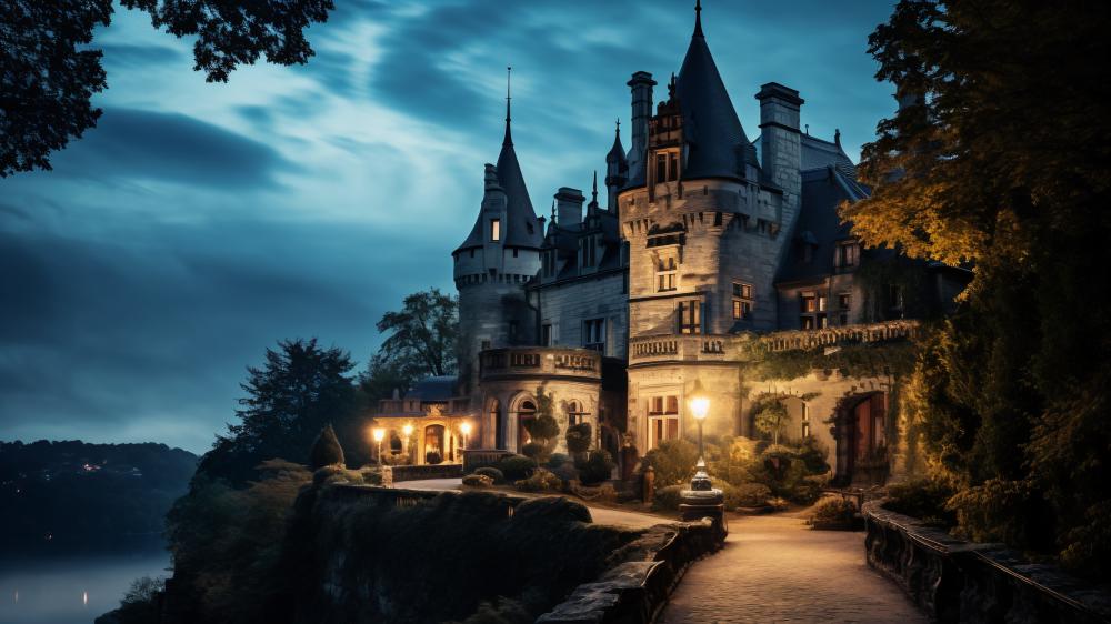 Twilight Castle Overlooking a Quiet Lakeside Cityscape wallpaper