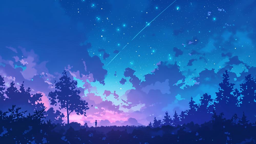 Serene Anime Starry Night With Shooting Star In Blue Hues wallpaper