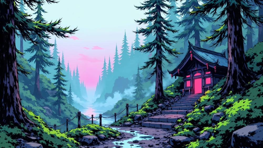 Misty Forest Path to a Glowing Japanese Shrine in Anime Style wallpaper