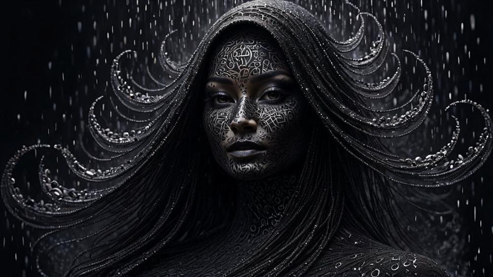 Monochrome Rainborne Oracle with Intricate Patterned Portrait wallpaper