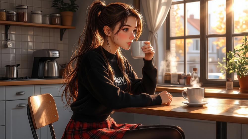 Sunlit Kitchen Morning With Brunette Anime Schoolgirl And Warm Coffee wallpaper