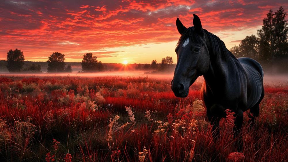 Midnight Stallion at Crimson Sunrise in a Misty Meadow wallpaper
