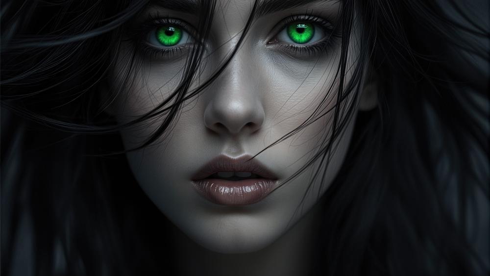 Emerald Gaze in Shadowed Silence AI Portrait Wallpaper 4K wallpaper