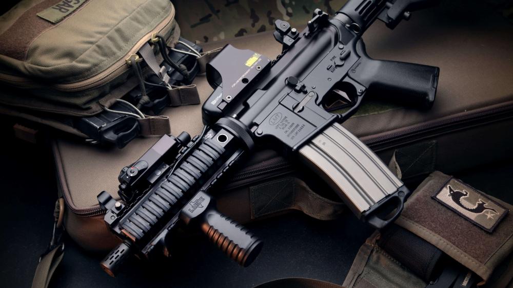 Tactical M4 Carbine Close Up on Rugged Field Gear wallpaper