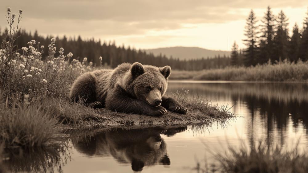 Sepia Monochrome Bear Resting by a Quiet Forest Lake wallpaper