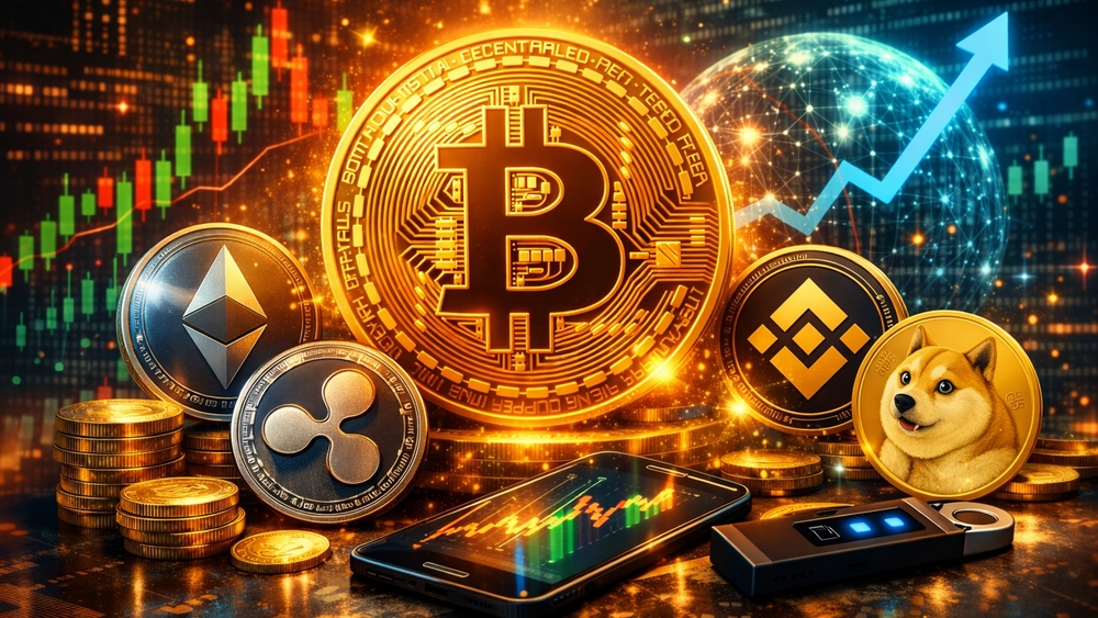Neon Crypto Market Surge with Bitcoin and Doge Coin AI Art wallpaper