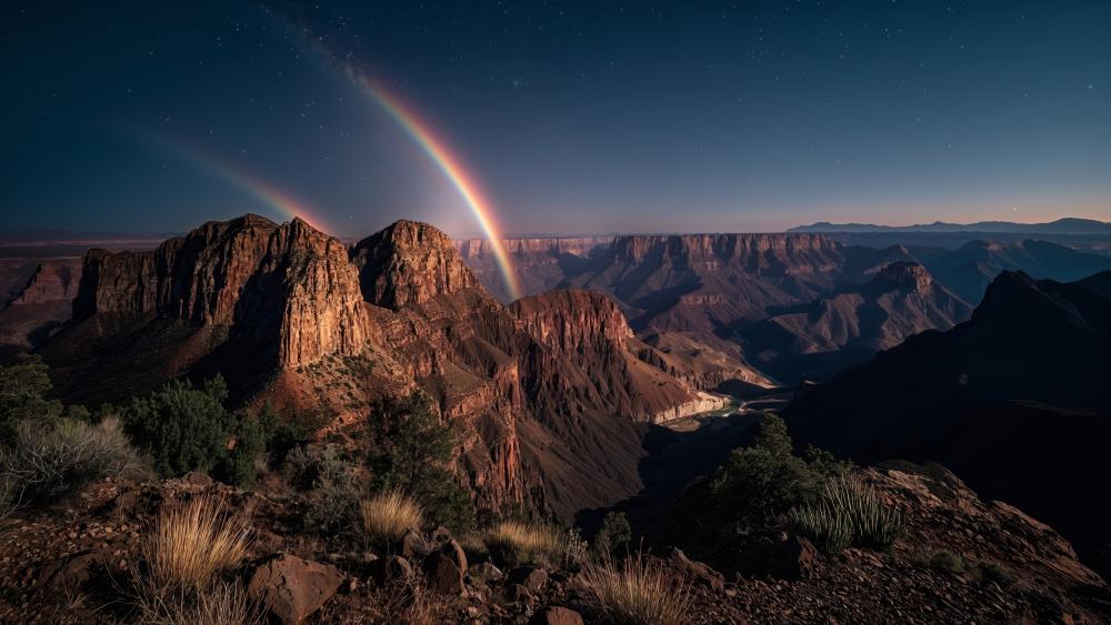 Starlit Double Rainbow Over Grand Canyon Cliffs in Arizona wallpaper