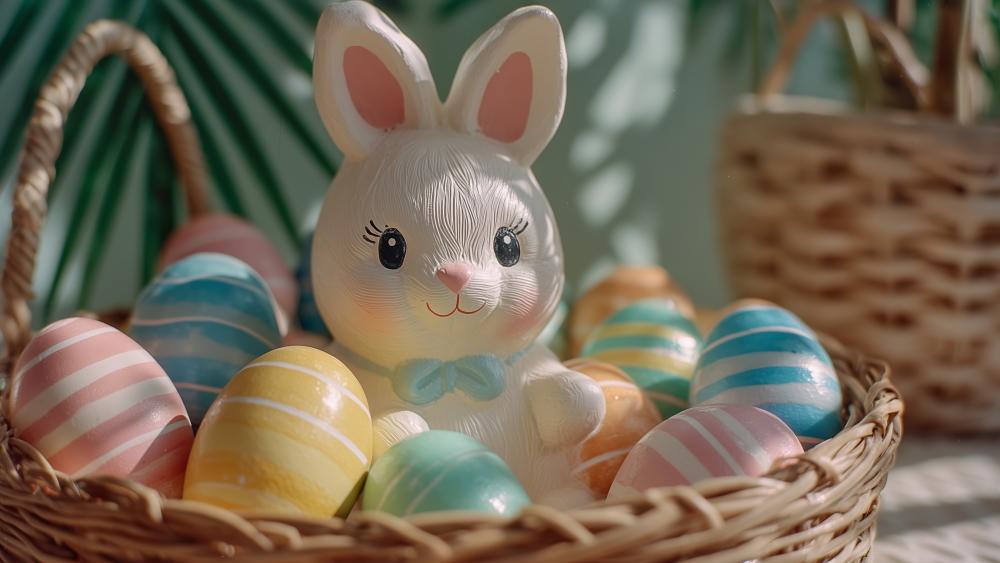 Pastel Easter Bunny in Woven Basket with Striped Eggs wallpaper