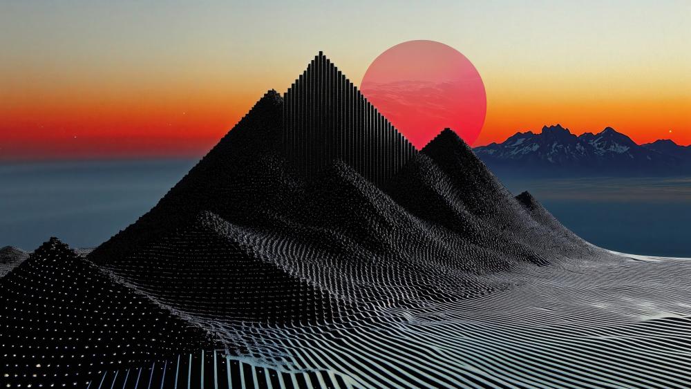 Neon Sunset Over Digital Mountains in Retro Futuristic Synthwave Style wallpaper