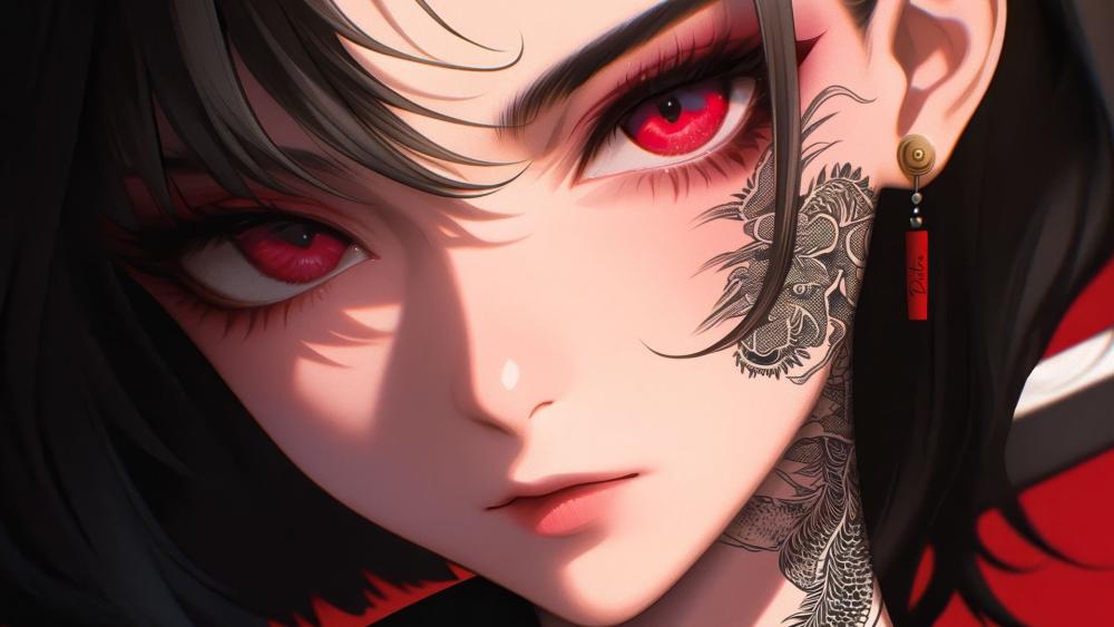 Crimson Gaze Tattooed Anime Girl Close Up Portrait wallpaper