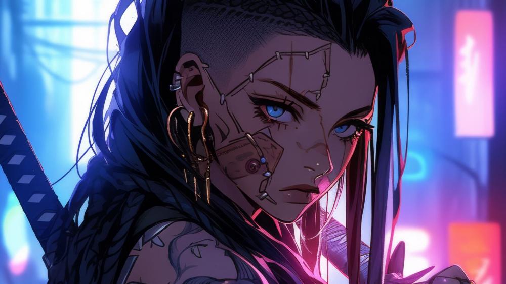 Neon Wired Ronin Cyberpunk Anime Girl in Electric Night City wallpaper