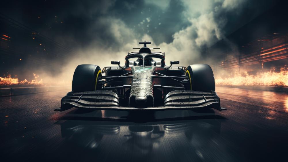 Stormlit Formula One Machine Charging Through Fire and Smoke wallpaper