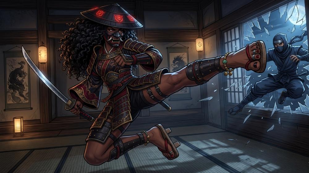 Crimson Ronin Girl Unleashes a Window Shattering Flying Kick wallpaper