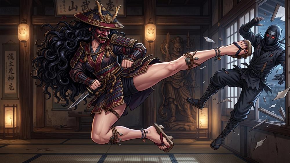 Armored Samurai Anime Girl Delivers a Flying Kick to Shadow Ninja wallpaper
