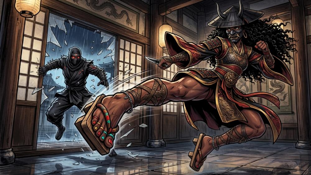Demon Mask Samurai Girl Kicks Through Shattered Dojo Doorway wallpaper