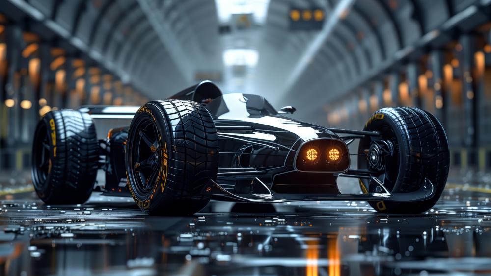 Stealth Formula One Racer in Neon Tunnel 5K Motorsport Wallpaper wallpaper