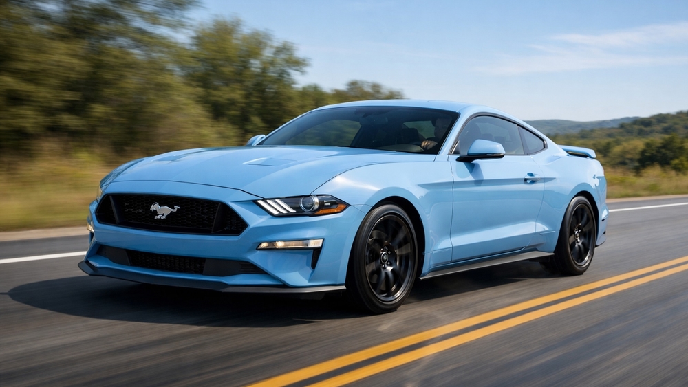 Sky Blue Mustang Power Glide on Open Highway wallpaper