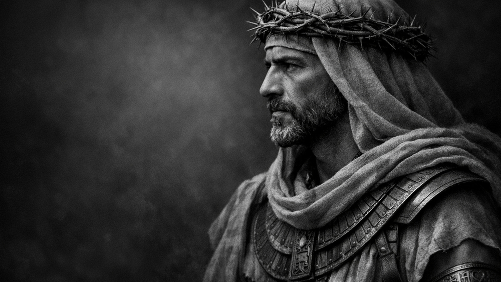 Monochrome Portrait of a Stoic Man Wearing a Crown of Thorns wallpaper
