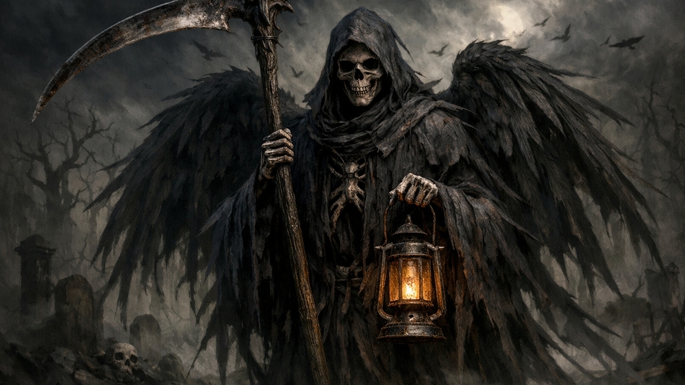 Moonlit Lantern Reaper with Raven Wings in Haunted Graveyard wallpaper