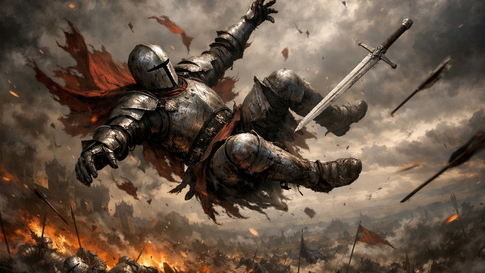 Fallen Armored Knight in a Storm of Blades wallpaper