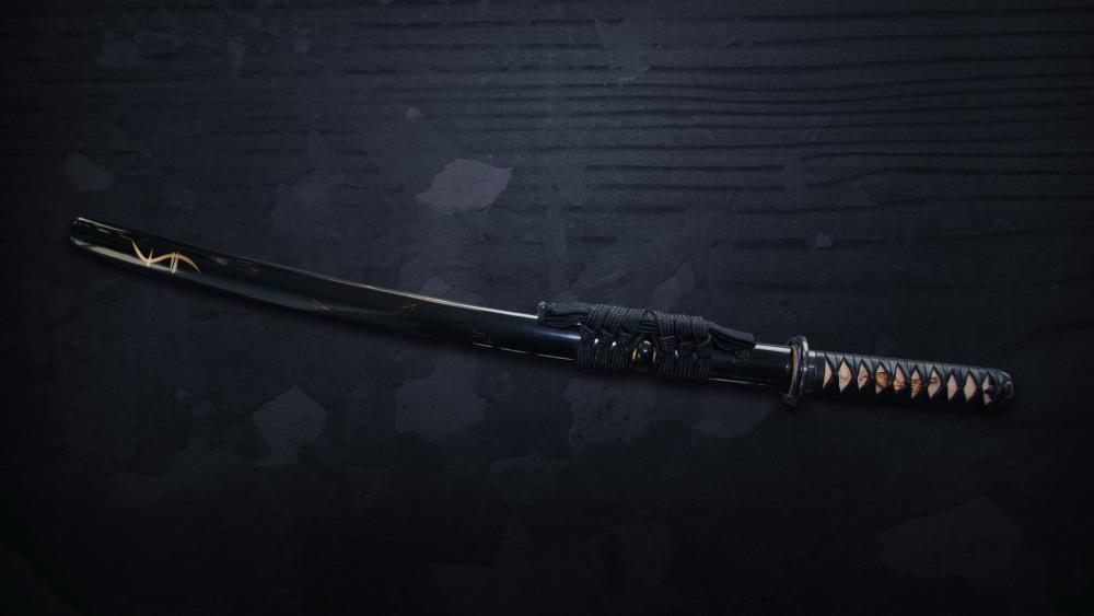 Stealth Katana Resting in Shadowed Steel Atmosphere wallpaper