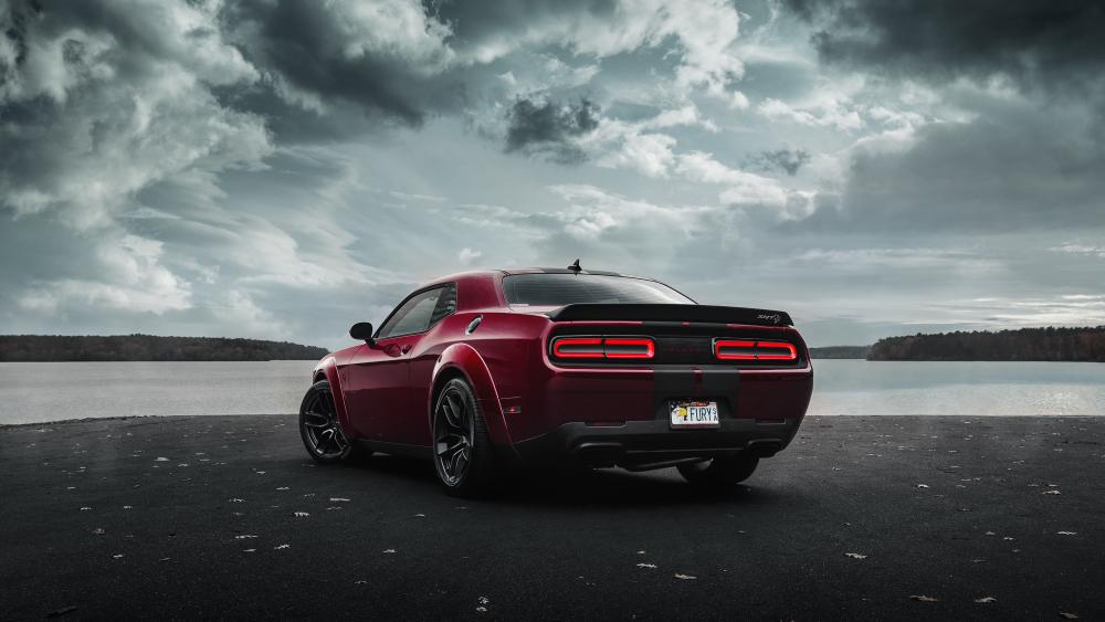 Dodge Challenger SRT Rear View Under Stormy Lakeside Skies 4K wallpaper