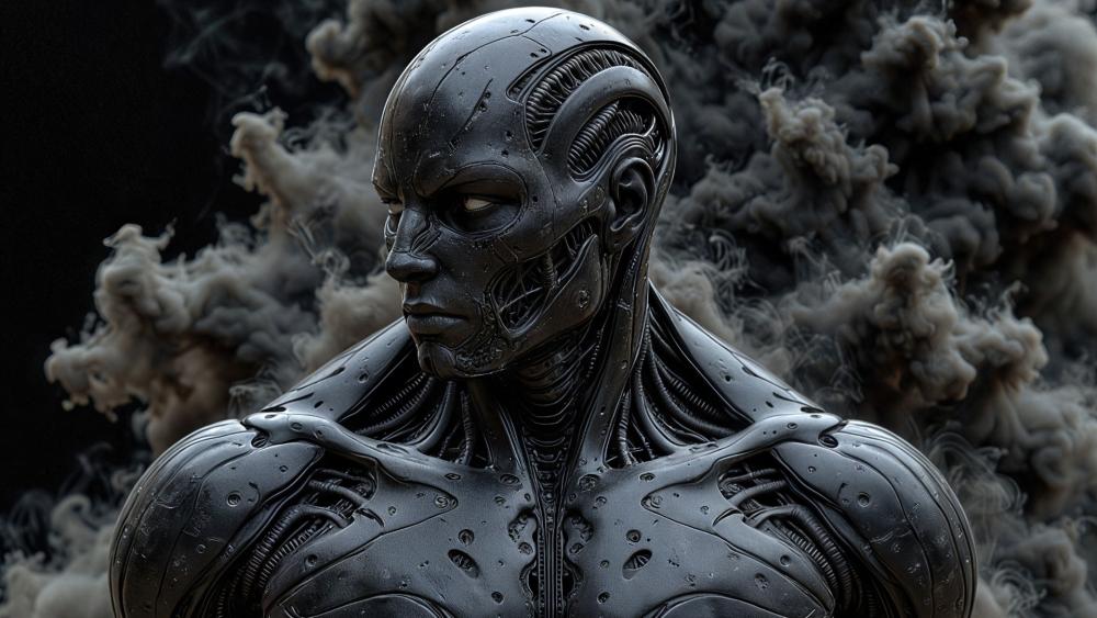 Shadowforged Android Sentinel in Storming Smoke wallpaper