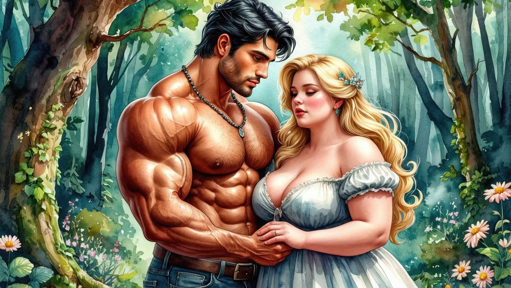 Enchanted Forest Embrace Between Blond Beauty and Devoted Lover wallpaper