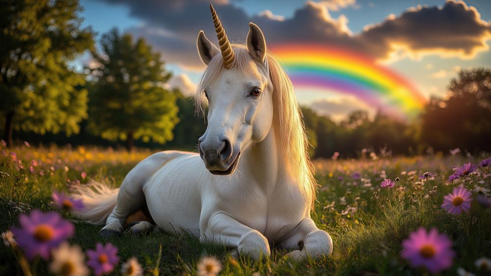 Serene Unicorn Meadow Under a Glowing Rainbow Sunset Sky wallpaper