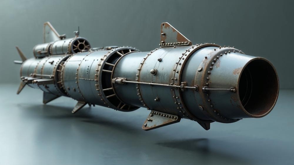 Riveted Steampunk Rocket Torpedo in Retro Futuristic Military Hangar wallpaper
