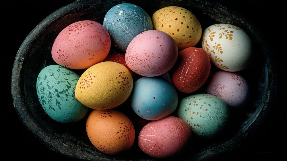 Vibrant Speckled Easter Eggs in Rustic Bowl 4K AI Art wallpaper