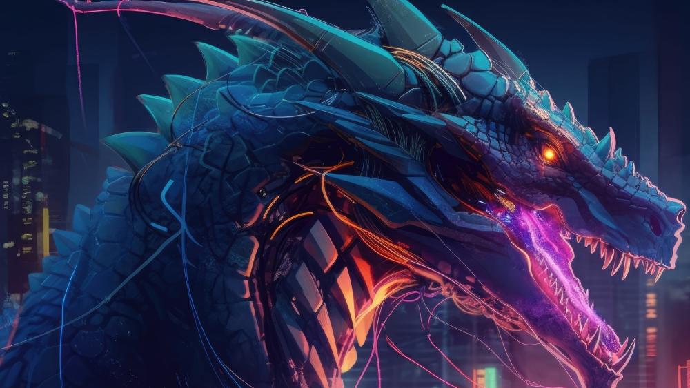 Neon Cyberpunk Dragon Awakens Above the Midnight City Skyline wallpaper