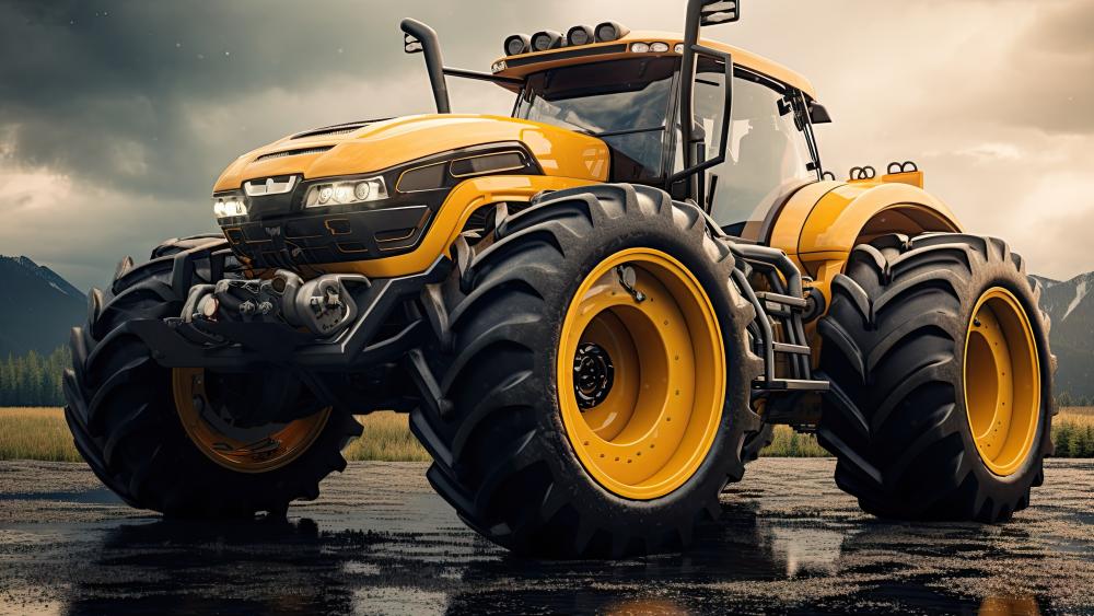 Monumental Yellow Tractor Machine in Stormy Mountain Landscape 5K AI Art wallpaper