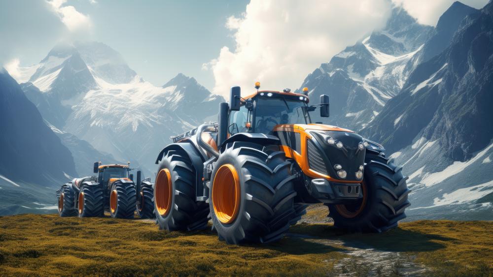 Futuristic Orange Tractor Convoy Through Alpine Valleys in Crisp 5K wallpaper