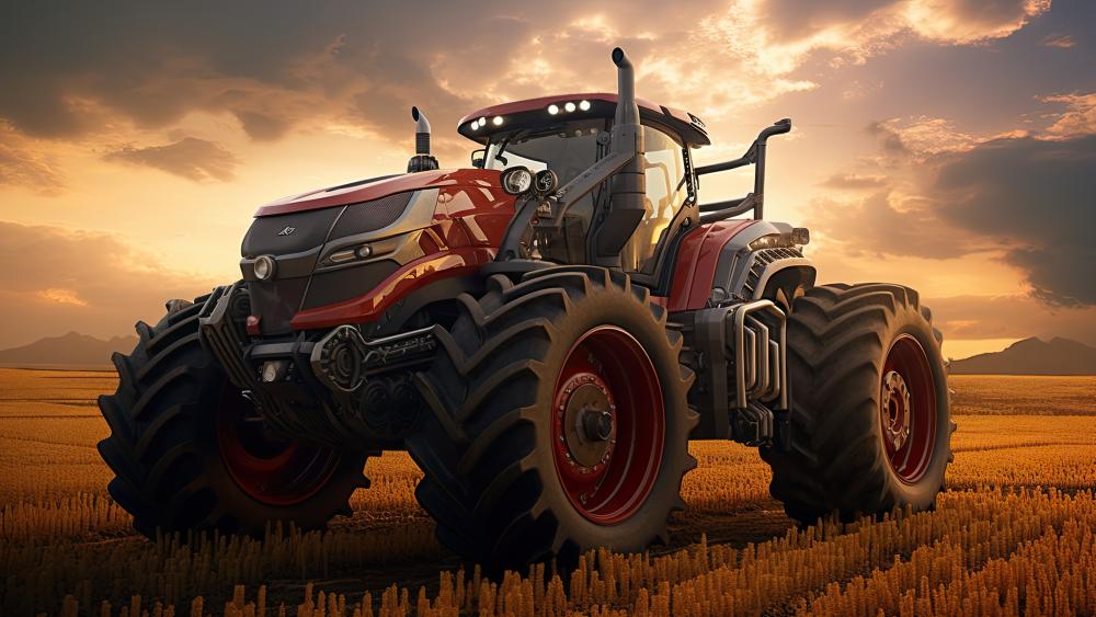 Sunset Powerhouse Tractor in Golden Fields 5K AI Tech Wallpaper wallpaper
