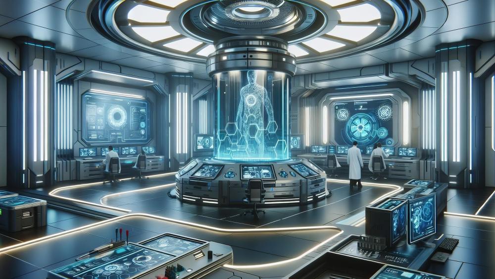 Holographic Genesis Inside a Futuristic Bio Tech Laboratory wallpaper