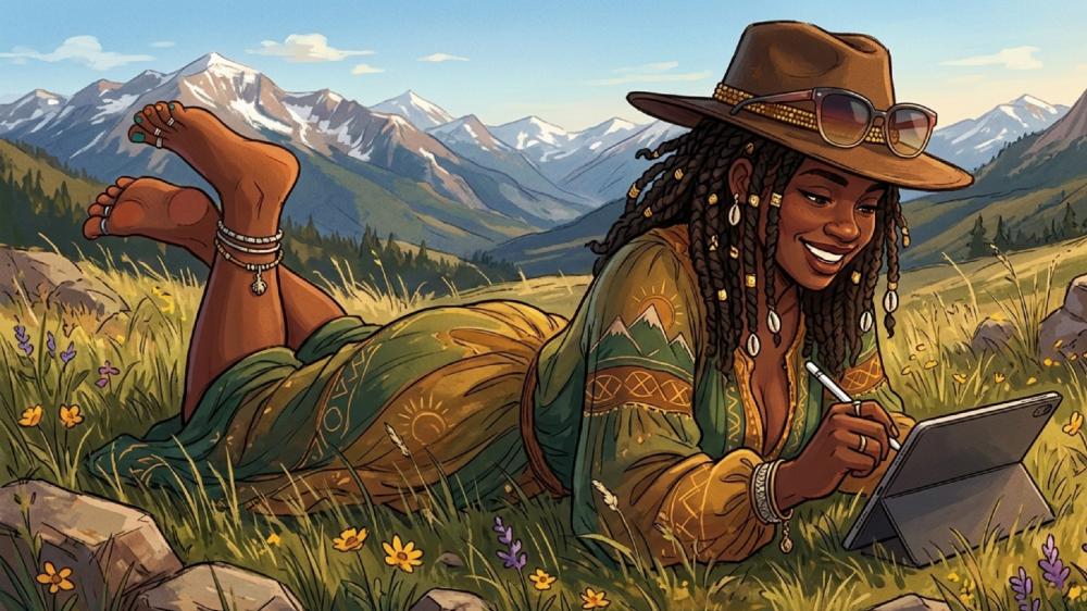 Sunlit Alpine Daydream Anime Artist with Braids and Cowboy Hat wallpaper