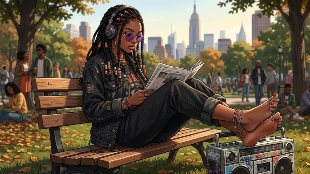 Autumn Park Chill Anime Girl Reading with City Skyline Vibes wallpaper