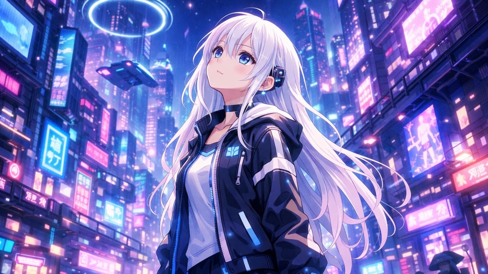 White Haired Cyber Girl Under Neon Skies in Futuristic City wallpaper