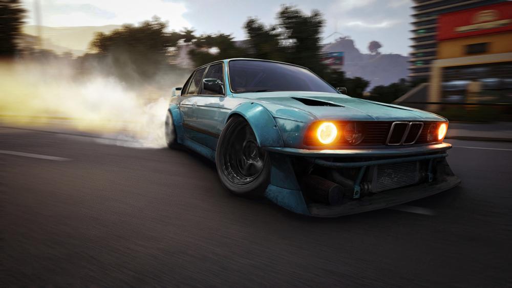 Sunset Drift Charge BMW E30 in 4K Motion Blur wallpaper