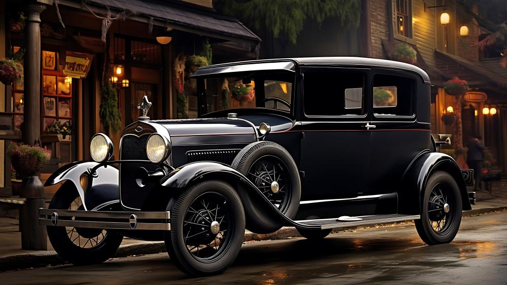 Midnight Elegance Vintage Sedan on a Rainy Lantern Lit Street wallpaper