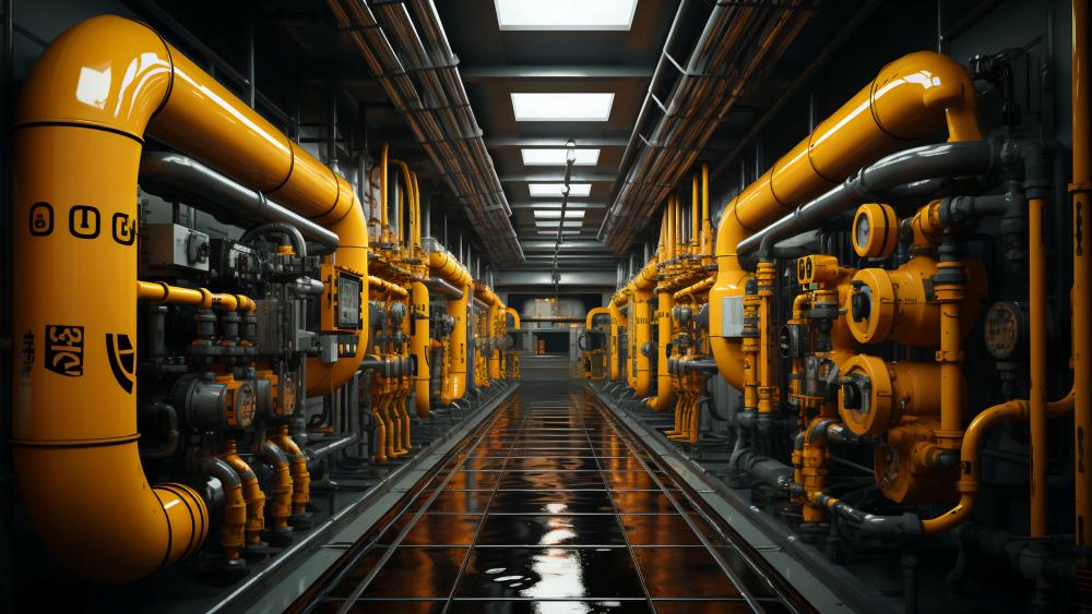 Neon Industrial Pipeline Corridor in a Futuristic Factory 5K wallpaper