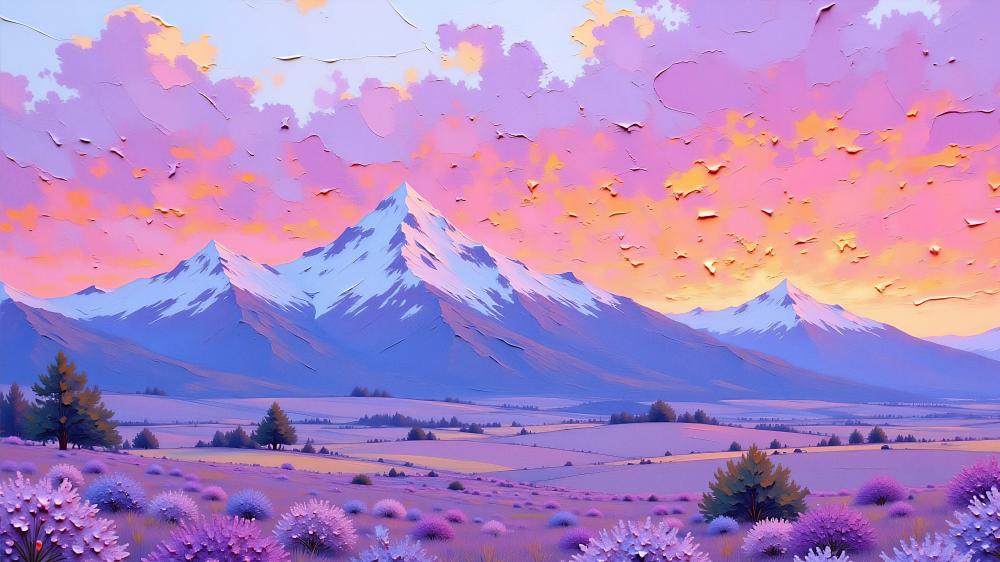 Pastel Anime Valley Under Pink Clouds and Snowy Peaks wallpaper