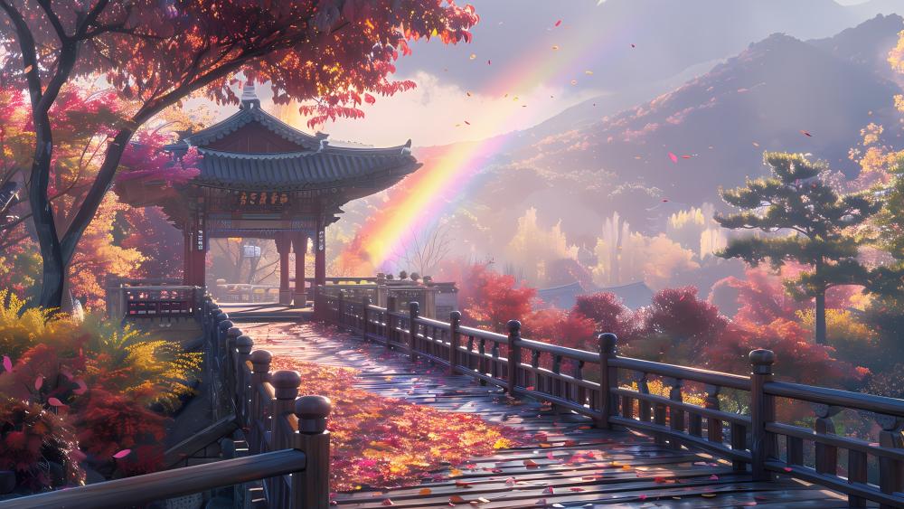 Dreamy Rainbow Countryside Bridge to a Quiet Pagoda Sanctuary wallpaper