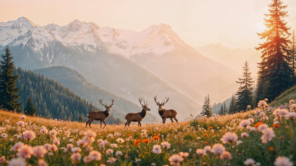 Majestic Stags at Sunrise in an Alpine Wildflower Meadow wallpaper